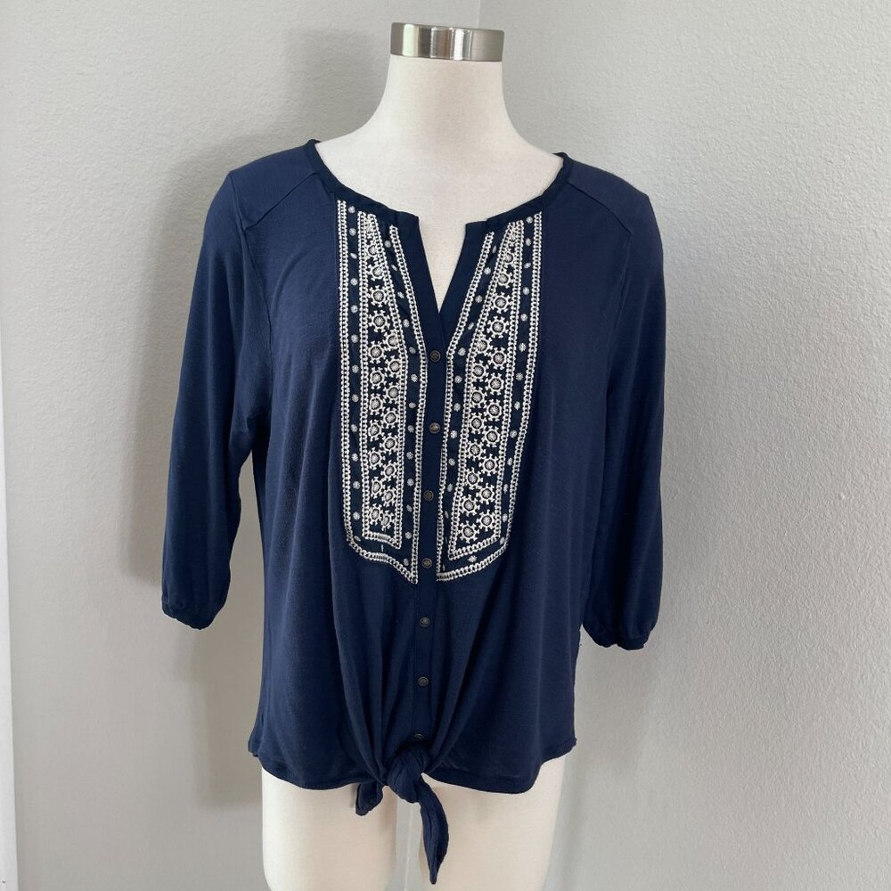 Lucky Brand Womens Plus 1X Navy Embroidered‎ Henley 3/4 Sleeve Top Tie Front
